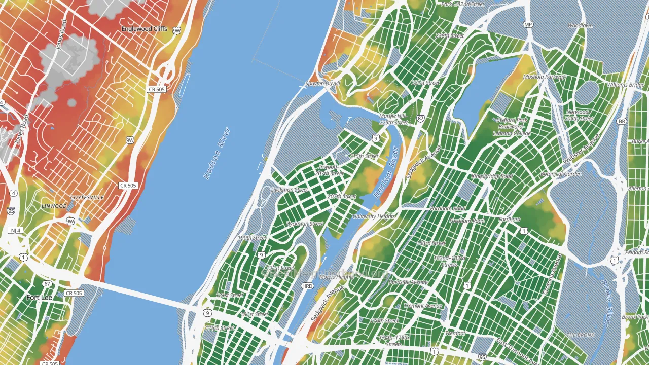 Walk Grade map of 10034, NY, walkable areas in green and car-dependent areas in red