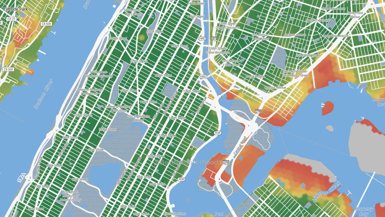 Walk Grade map of 10035, NY, walkable areas in green and car-dependent areas in red
