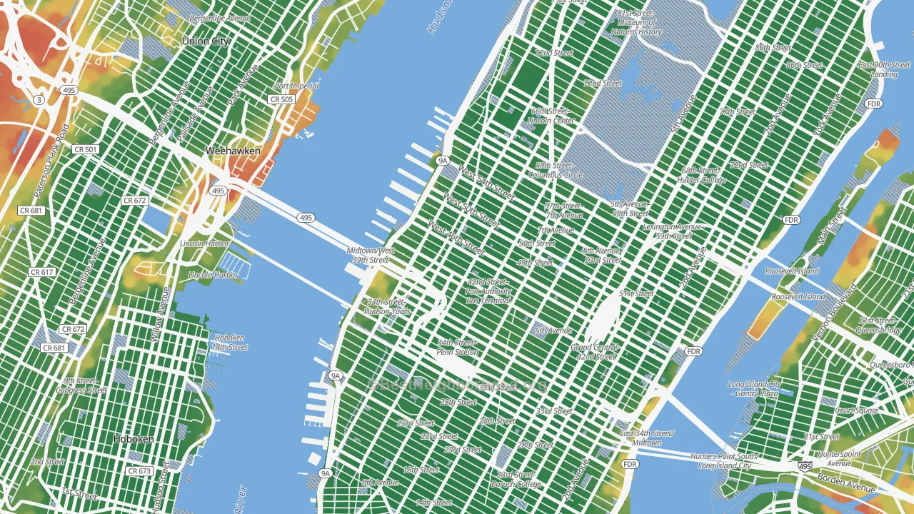 Walk Grade map of 10036, NY, walkable areas in green and car-dependent areas in red