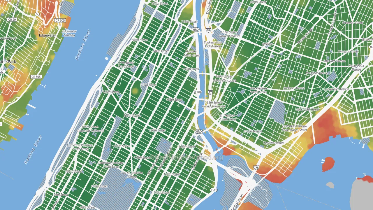 Walk Grade map of 10037, NY, walkable areas in green and car-dependent areas in red