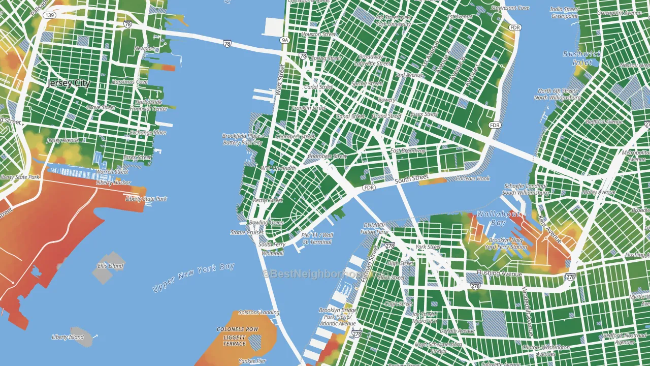 Walk Grade map of 10038, NY, walkable areas in green and car-dependent areas in red