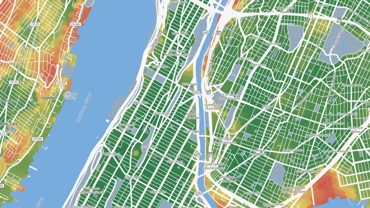 Walk Grade map of 10039, NY, walkable areas in green and car-dependent areas in red