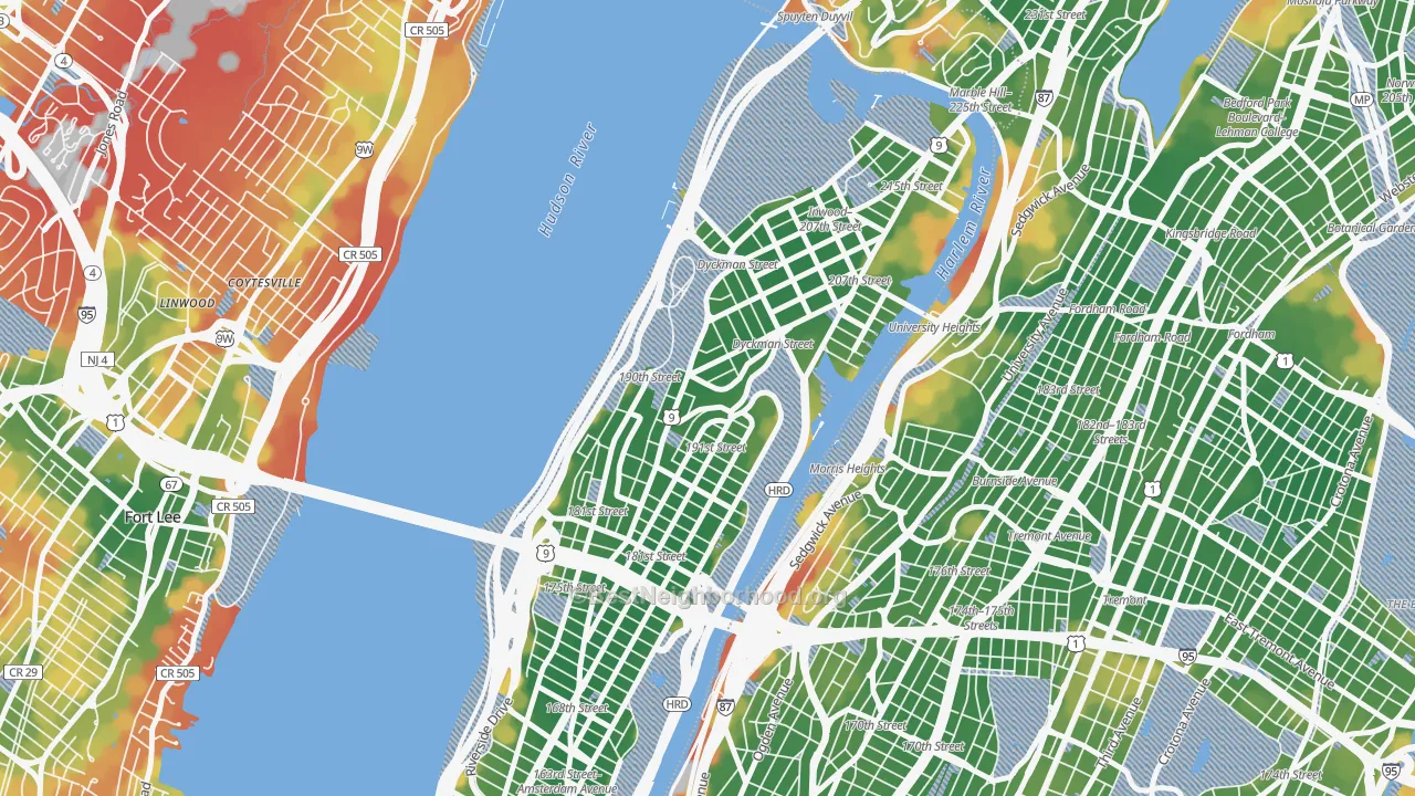 Walk Grade map of 10040, NY, walkable areas in green and car-dependent areas in red