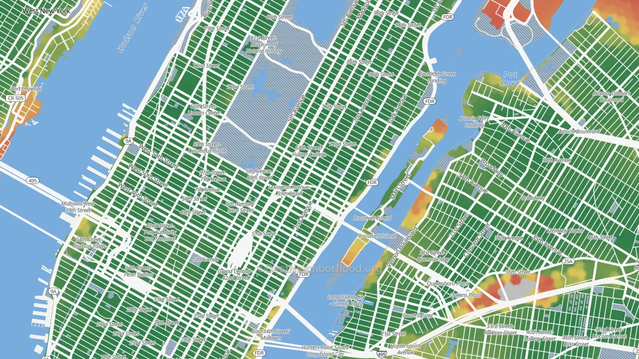 Walk Grade map of 10065, NY, walkable areas in green and car-dependent areas in red