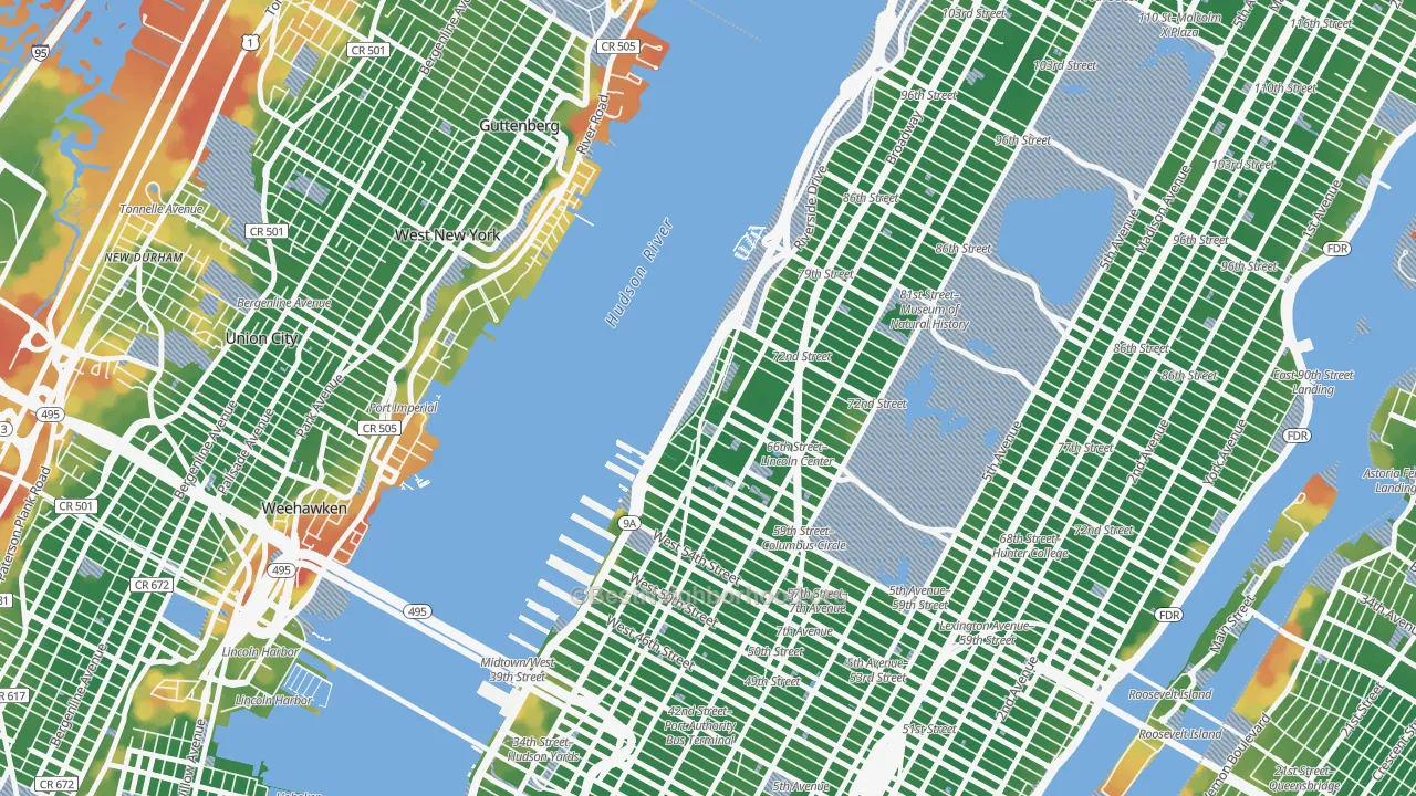 Walk Grade map of 10069, NY, walkable areas in green and car-dependent areas in red