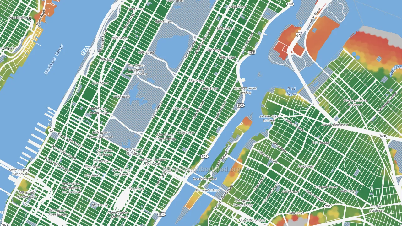Walk Grade map of 10075, NY, walkable areas in green and car-dependent areas in red