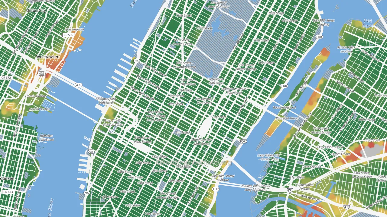 Walk Grade map of 10112, NY, walkable areas in green and car-dependent areas in red