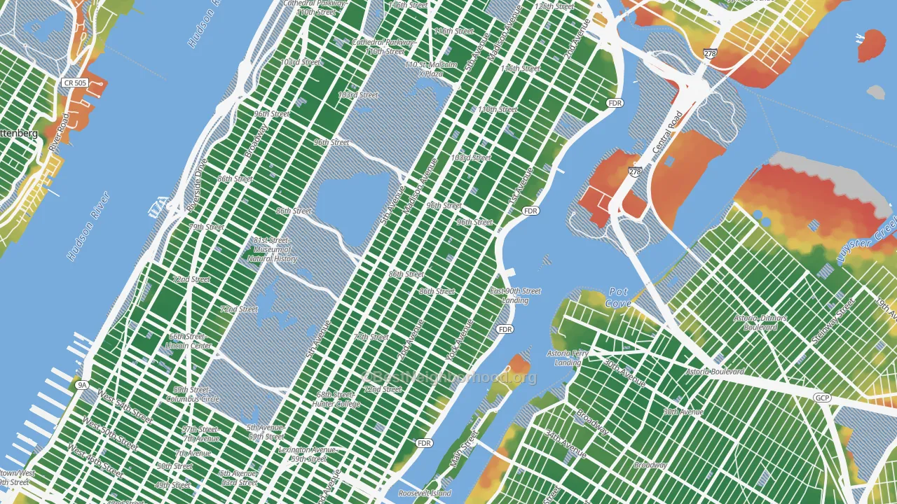 Walk Grade map of 10128, NY, walkable areas in green and car-dependent areas in red