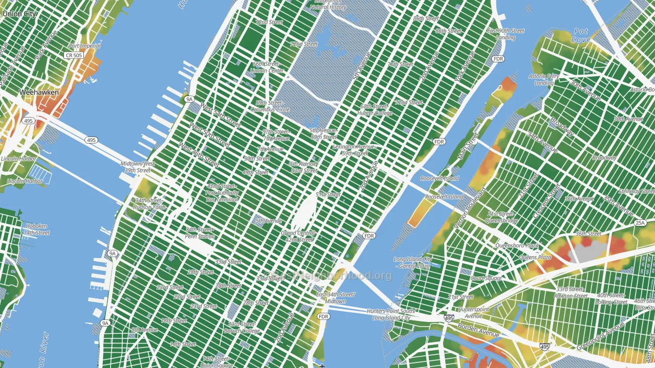 Walk Grade map of 10152, NY, walkable areas in green and car-dependent areas in red