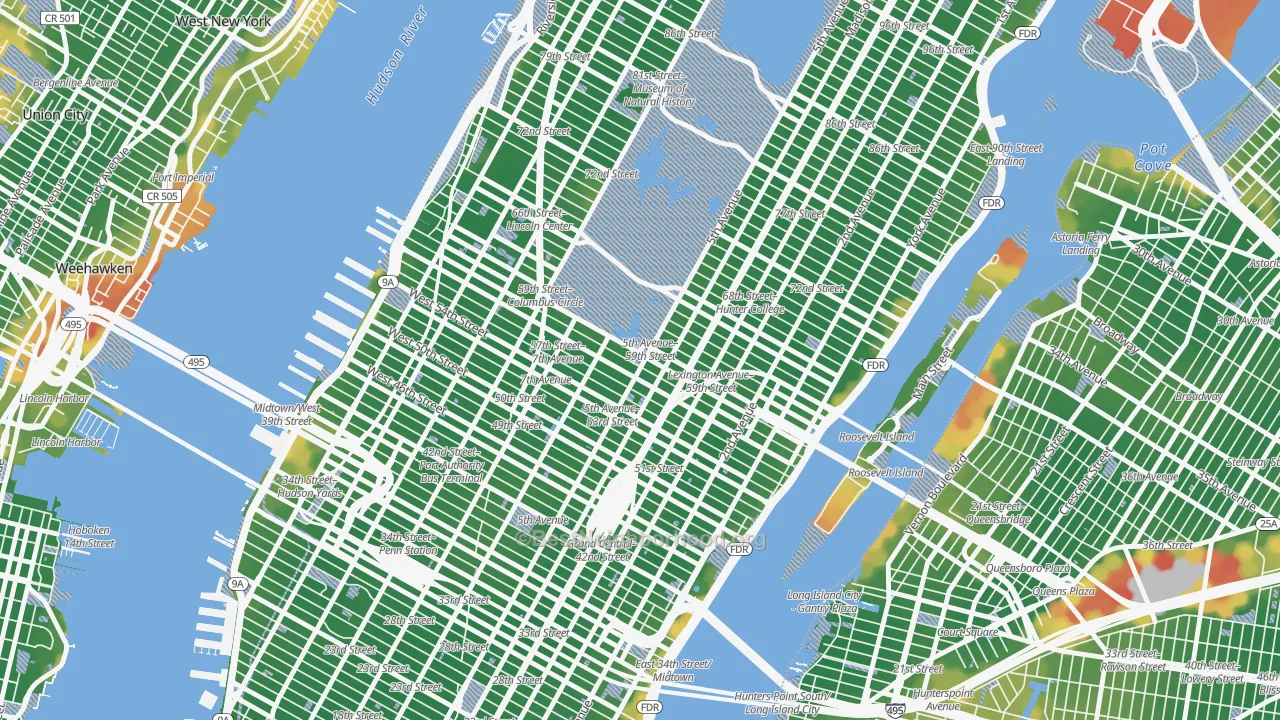 Walk Grade map of 10153, NY, walkable areas in green and car-dependent areas in red
