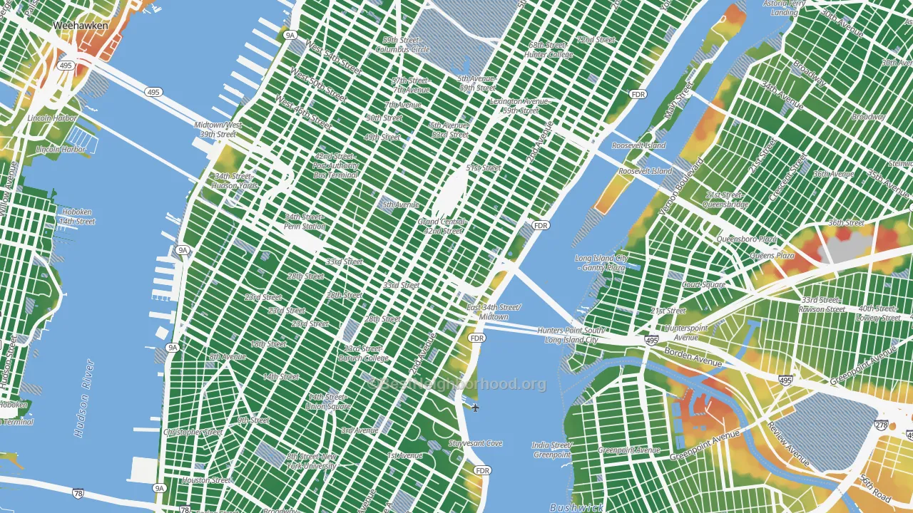 Walk Grade map of 10158, NY, walkable areas in green and car-dependent areas in red