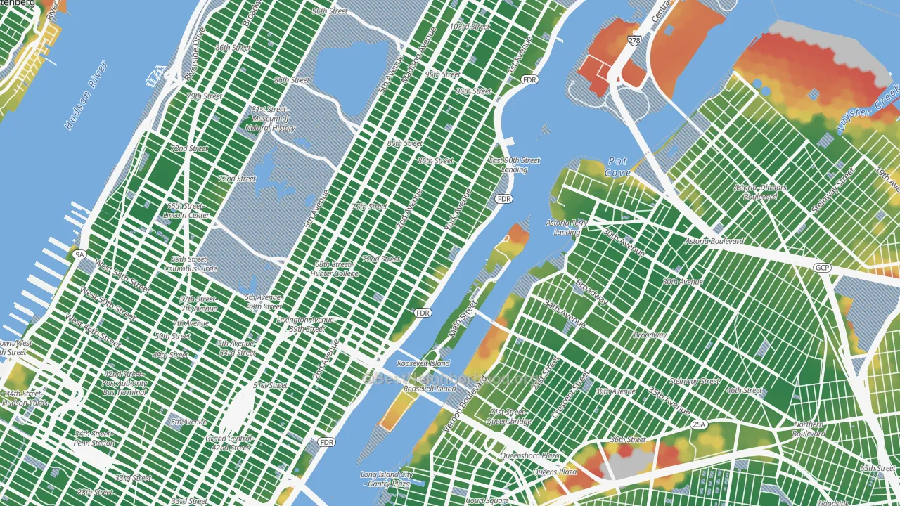 Walk Grade map of 10162, NY, walkable areas in green and car-dependent areas in red