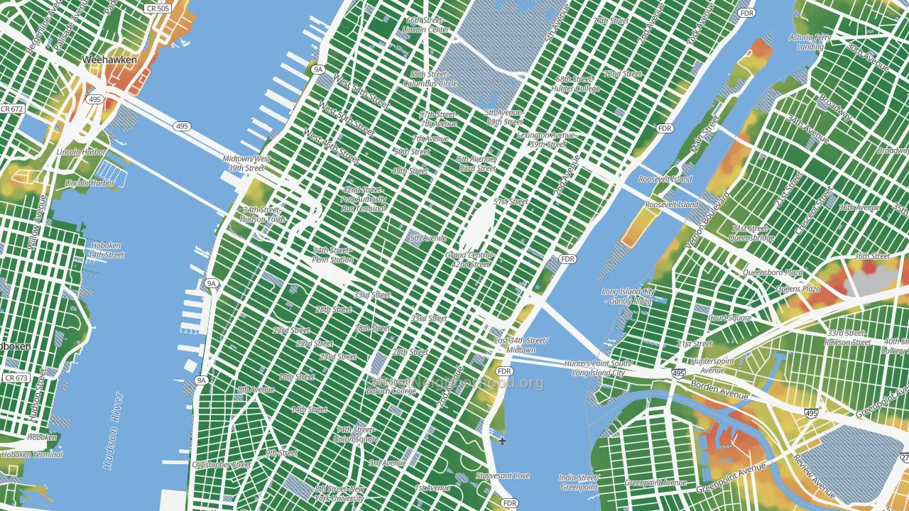 Walk Grade map of 10165, NY, walkable areas in green and car-dependent areas in red