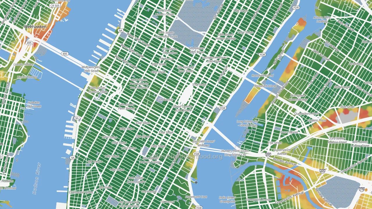 Walk Grade map of 10170, NY, walkable areas in green and car-dependent areas in red