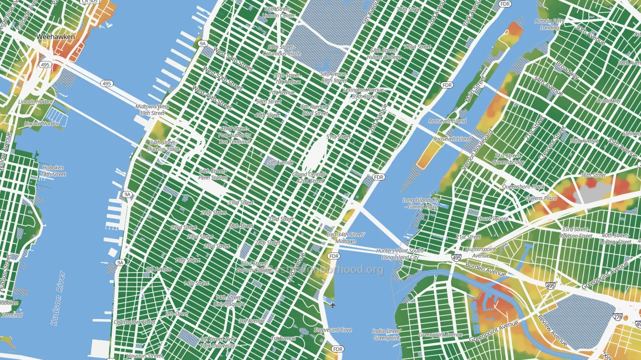 Walk Grade map of 10174, NY, walkable areas in green and car-dependent areas in red