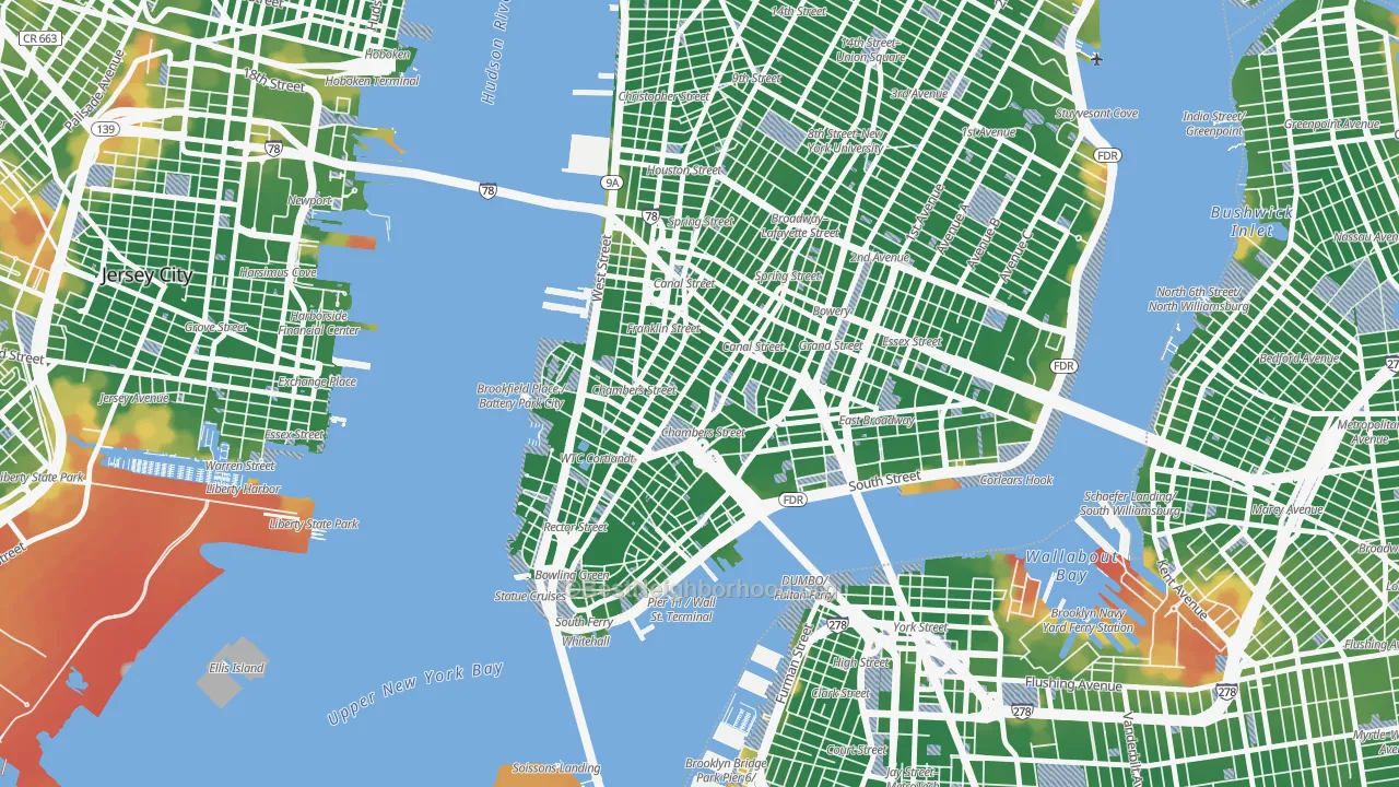 Walk Grade map of 10278, NY, walkable areas in green and car-dependent areas in red
