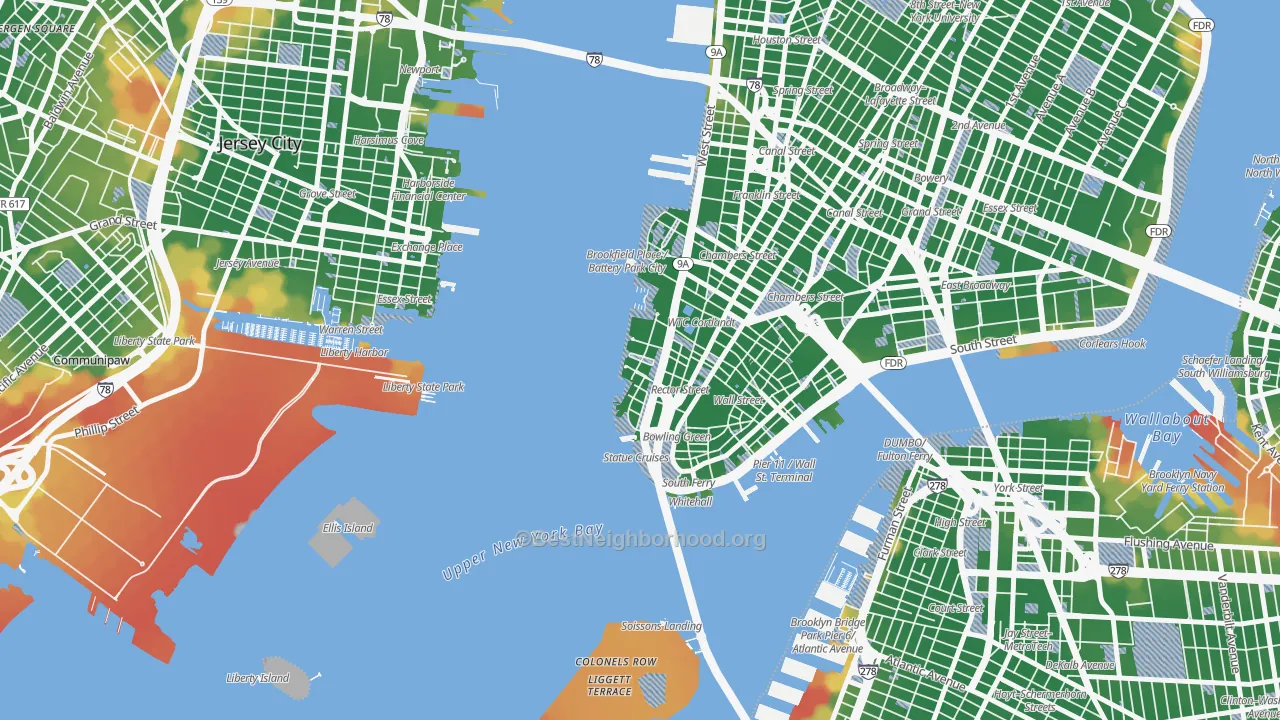 Walk Grade map of 10280, NY, walkable areas in green and car-dependent areas in red