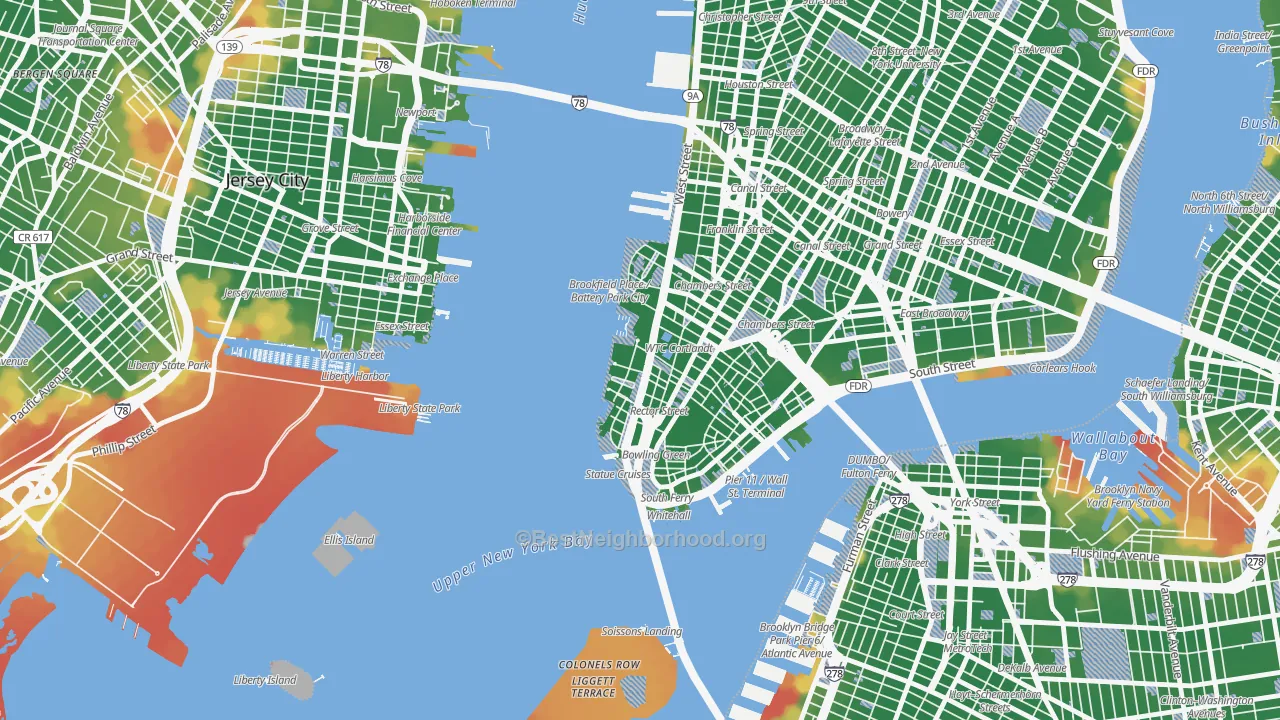 Walk Grade map of 10281, NY, walkable areas in green and car-dependent areas in red