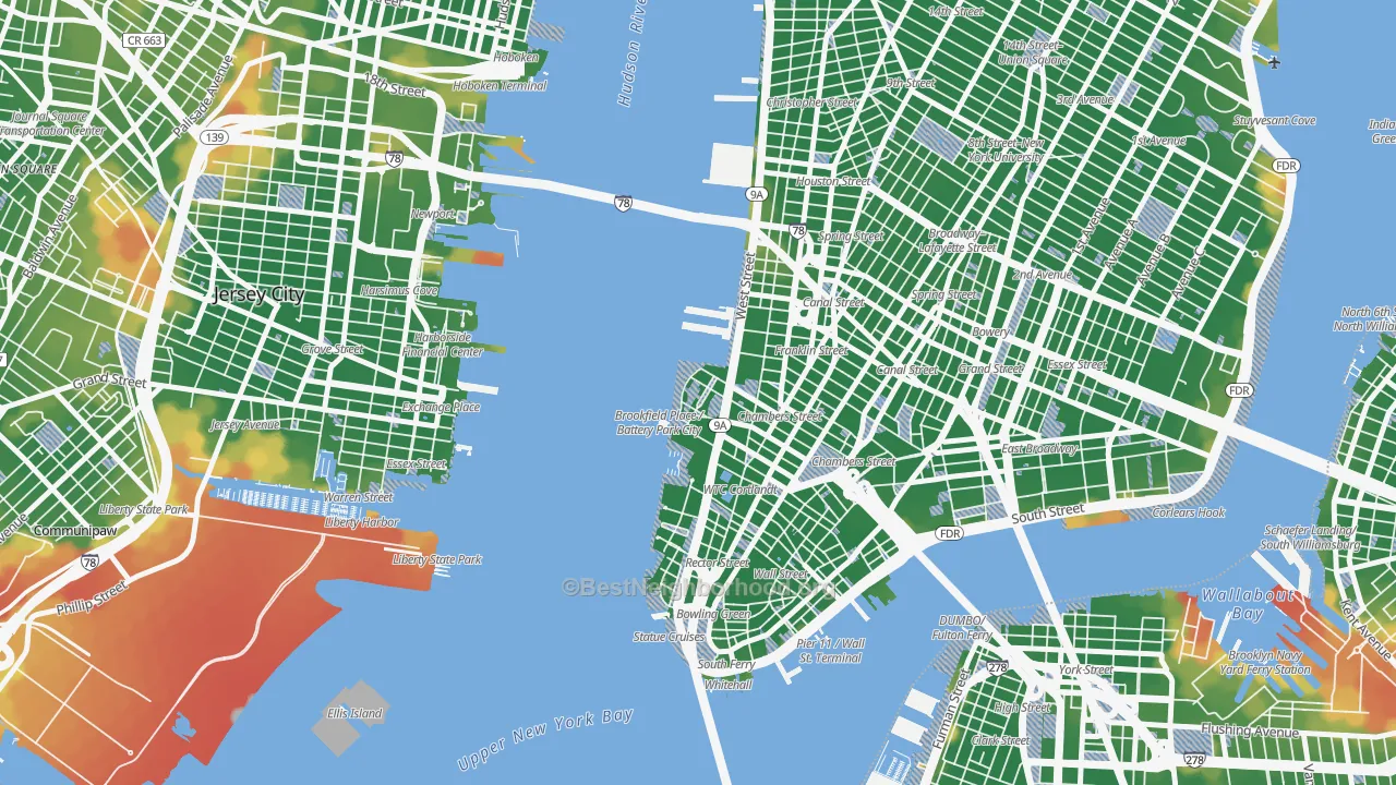 Walk Grade map of 10282, NY, walkable areas in green and car-dependent areas in red