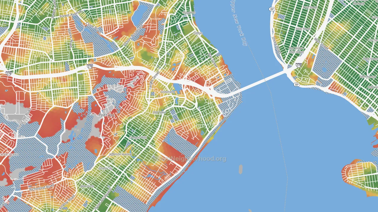 Walk Grade map of 10305, NY, walkable areas in green and car-dependent areas in red