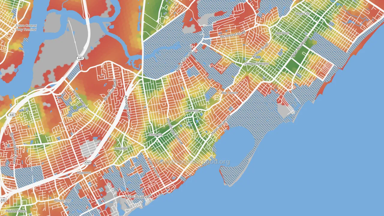 Walk Grade map of 10308, NY, walkable areas in green and car-dependent areas in red
