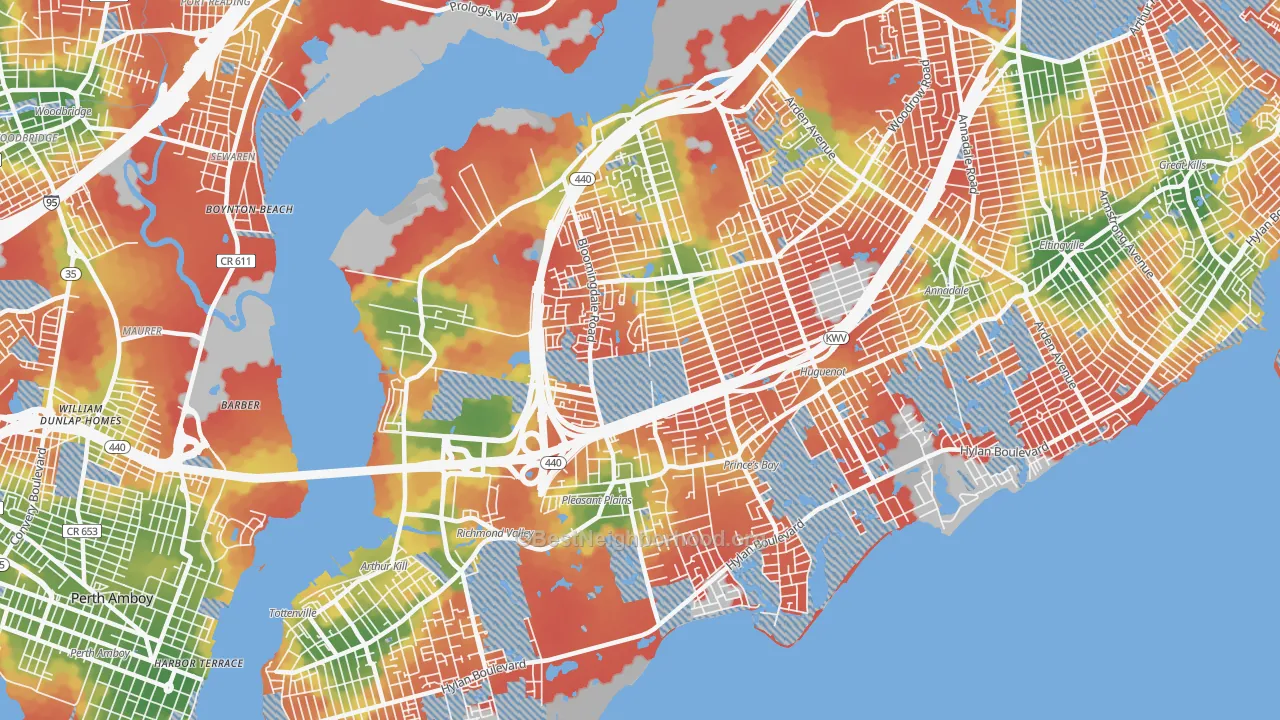 Walk Grade map of 10309, NY, walkable areas in green and car-dependent areas in red