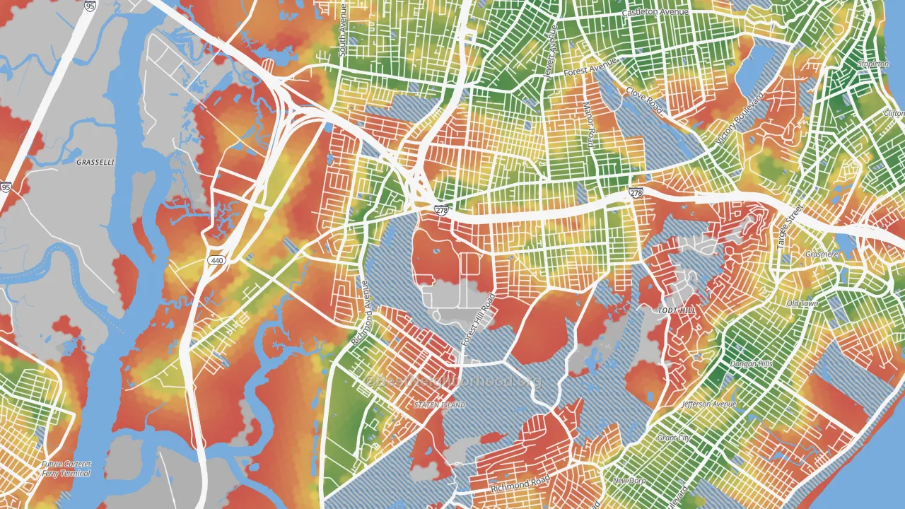 Walk Grade map of 10314, NY, walkable areas in green and car-dependent areas in red