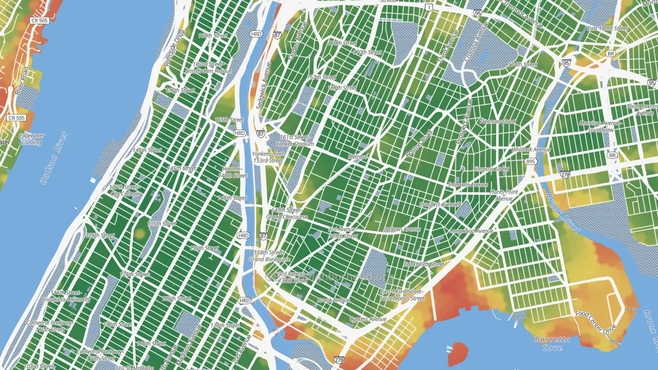 Walk Grade map of 10451, NY, walkable areas in green and car-dependent areas in red