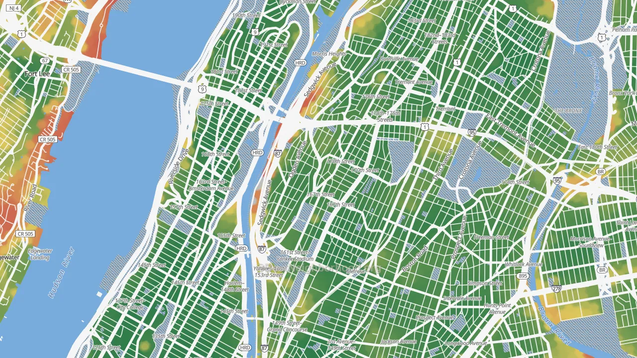 Walk Grade map of 10452, NY, walkable areas in green and car-dependent areas in red