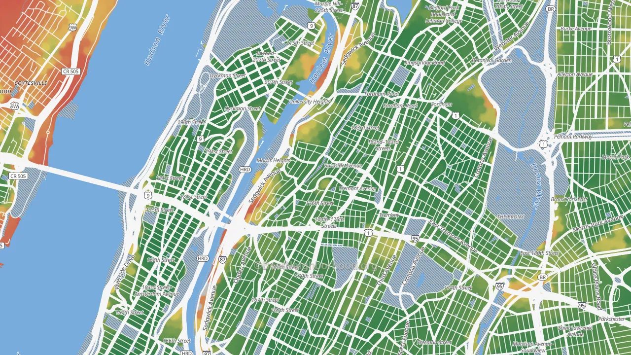 Walk Grade map of 10453, NY, walkable areas in green and car-dependent areas in red