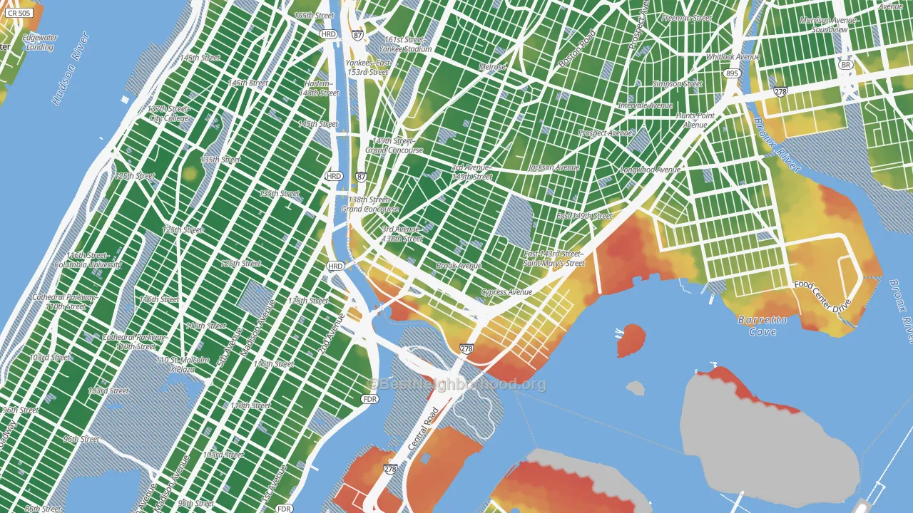 Walk Grade map of 10454, NY, walkable areas in green and car-dependent areas in red
