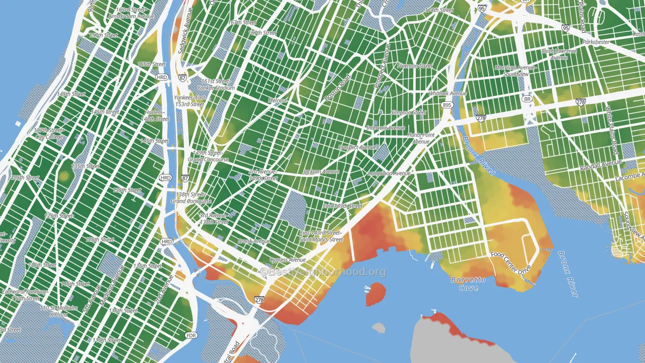 Walk Grade map of 10455, NY, walkable areas in green and car-dependent areas in red