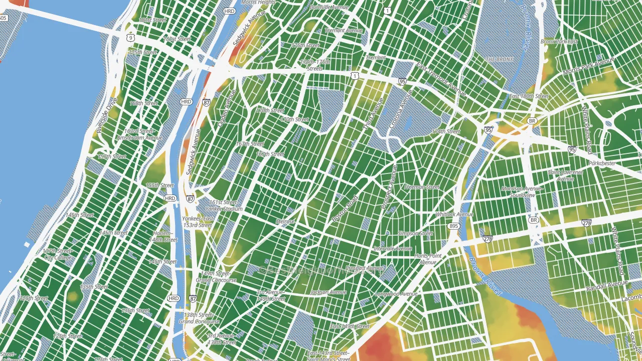 Walk Grade map of 10456, NY, walkable areas in green and car-dependent areas in red