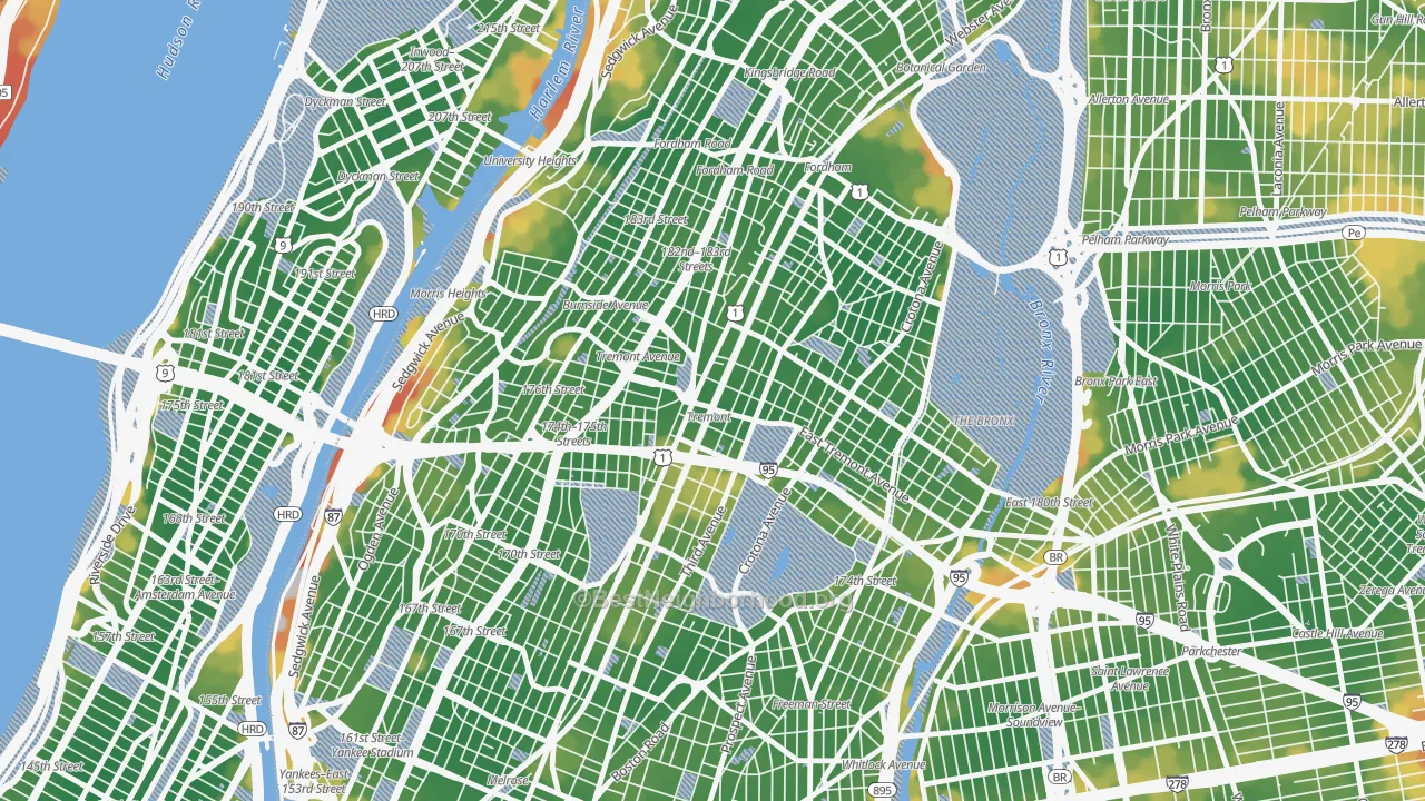 Walk Grade map of 10457, NY, walkable areas in green and car-dependent areas in red