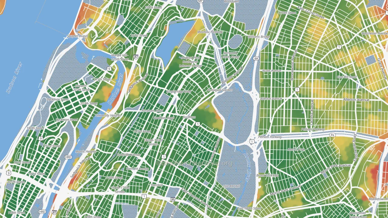 Walk Grade map of 10458, NY, walkable areas in green and car-dependent areas in red