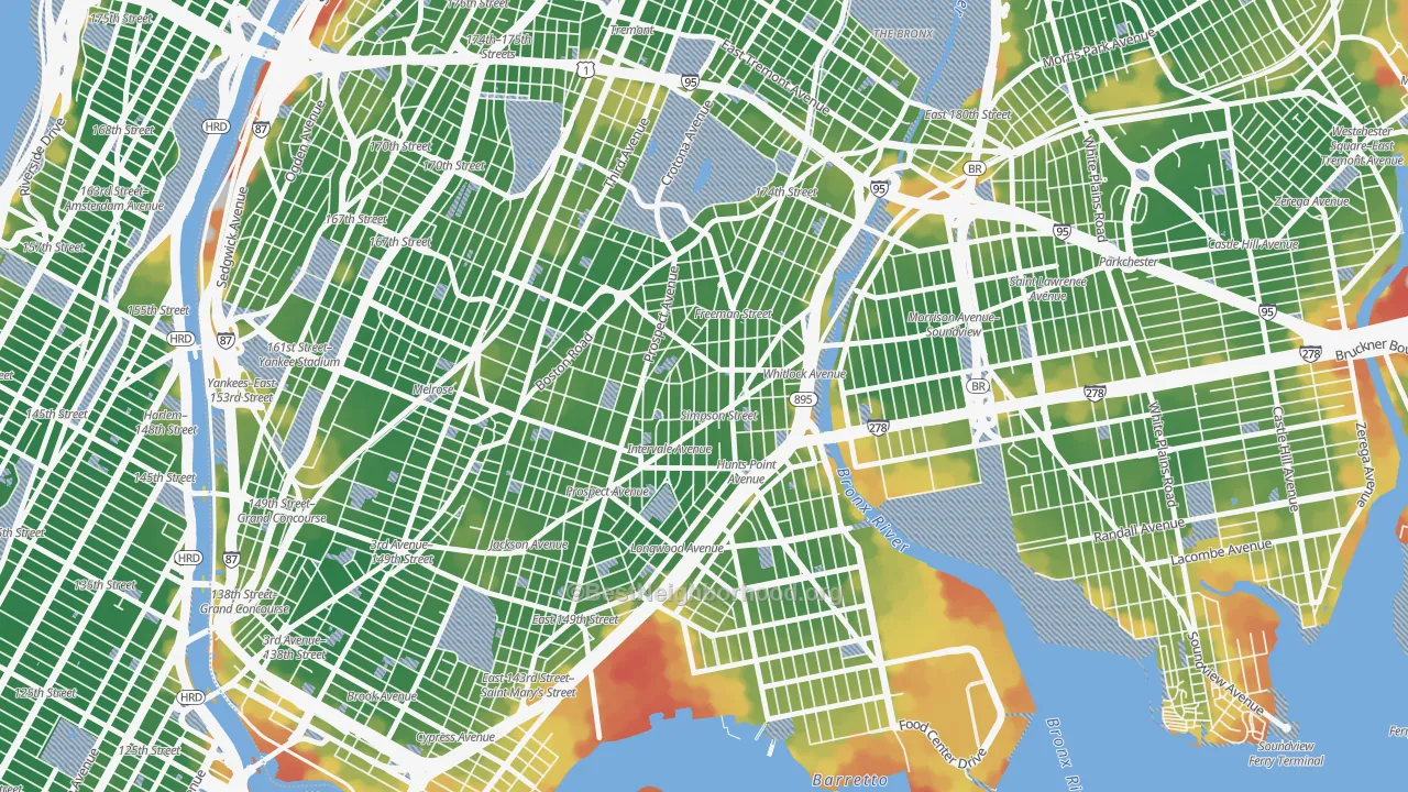 Walk Grade map of 10459, NY, walkable areas in green and car-dependent areas in red