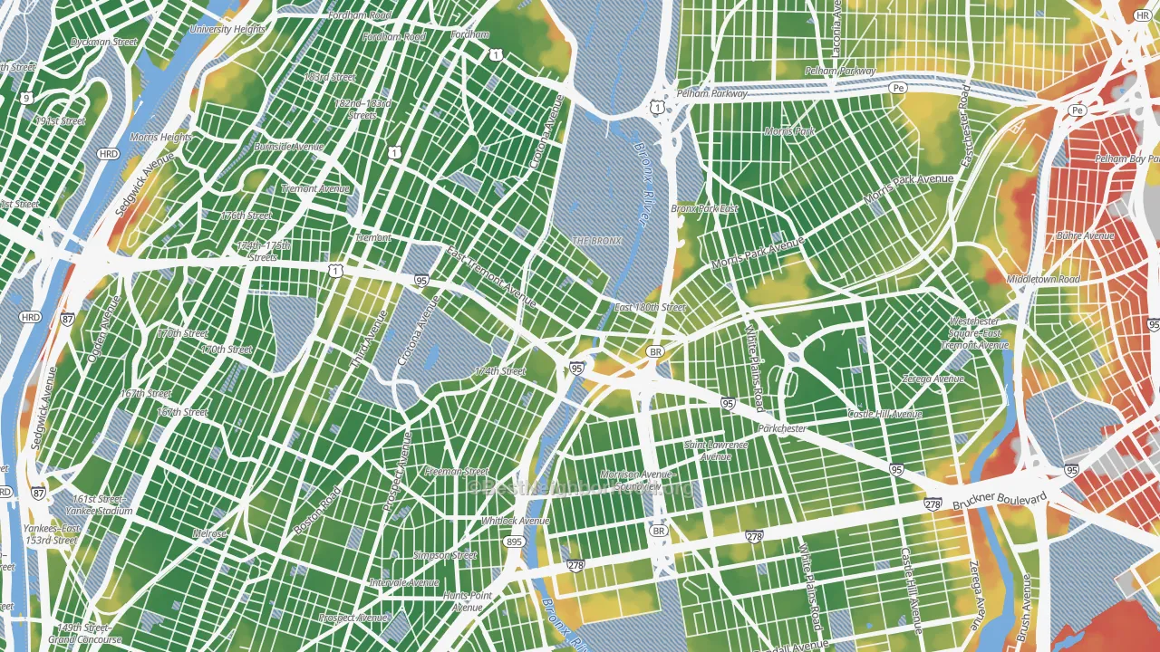 Walk Grade map of 10460, NY, walkable areas in green and car-dependent areas in red