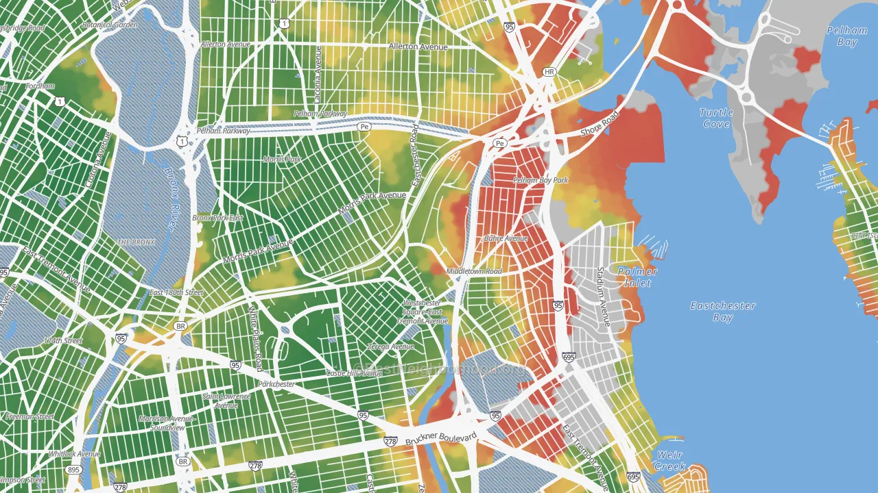 Walk Grade map of 10461, NY, walkable areas in green and car-dependent areas in red