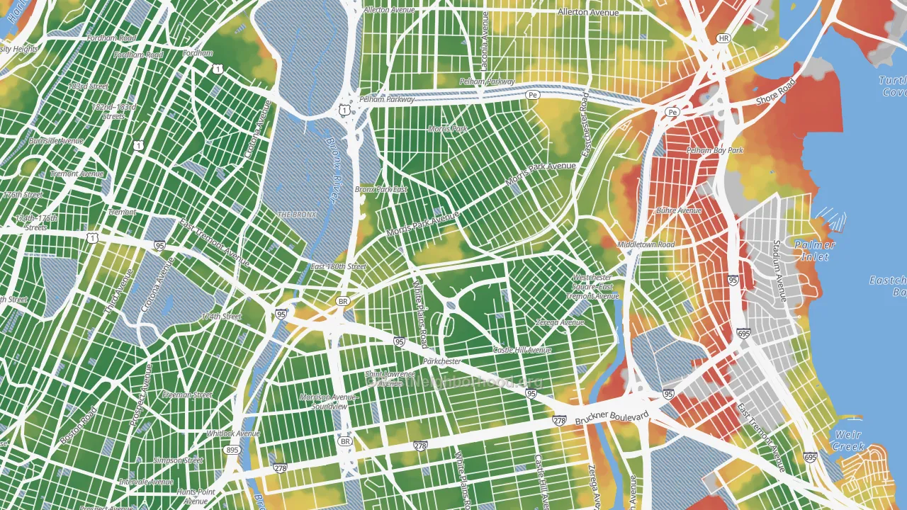 Walk Grade map of 10462, NY, walkable areas in green and car-dependent areas in red
