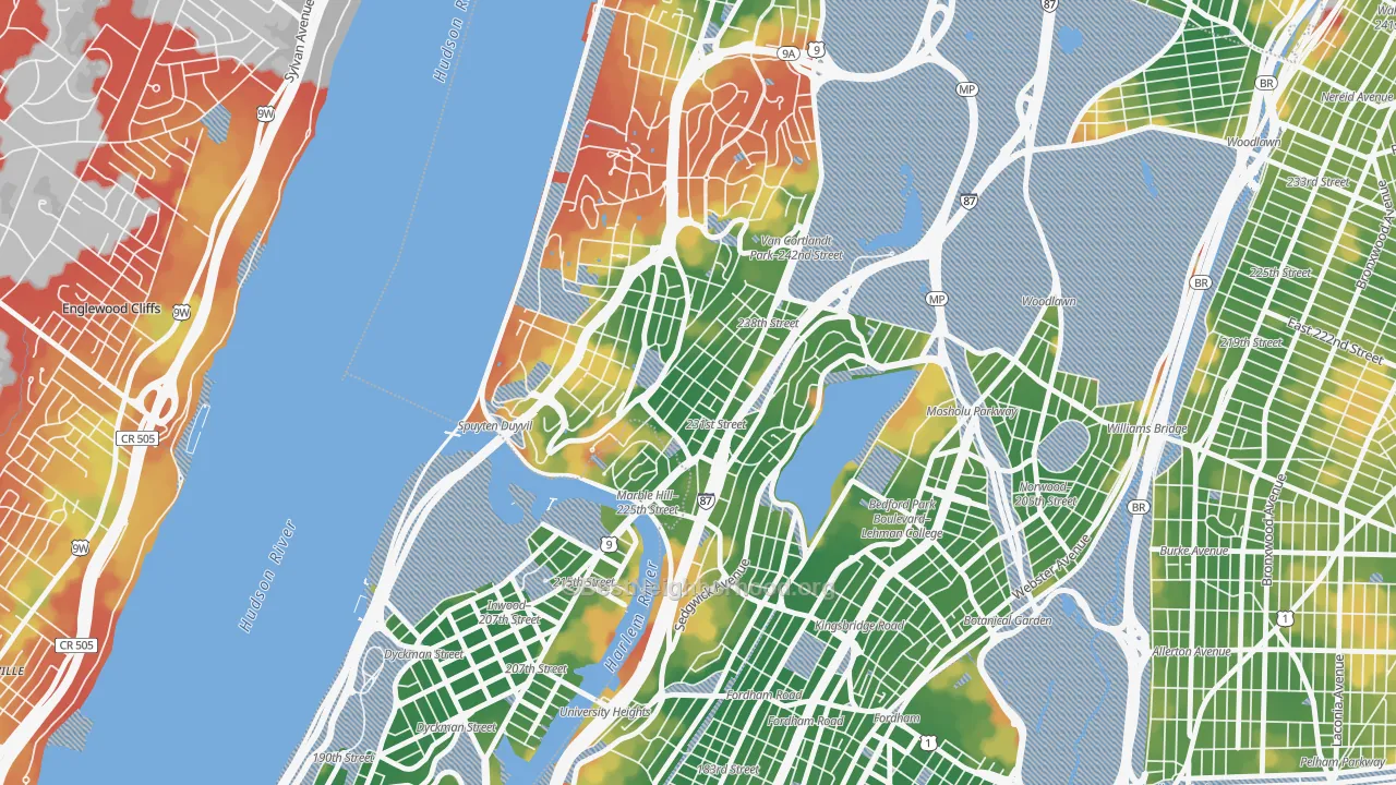 Walk Grade map of 10463, NY, walkable areas in green and car-dependent areas in red