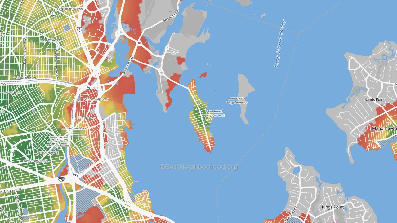 Walk Grade map of 10464, NY, walkable areas in green and car-dependent areas in red