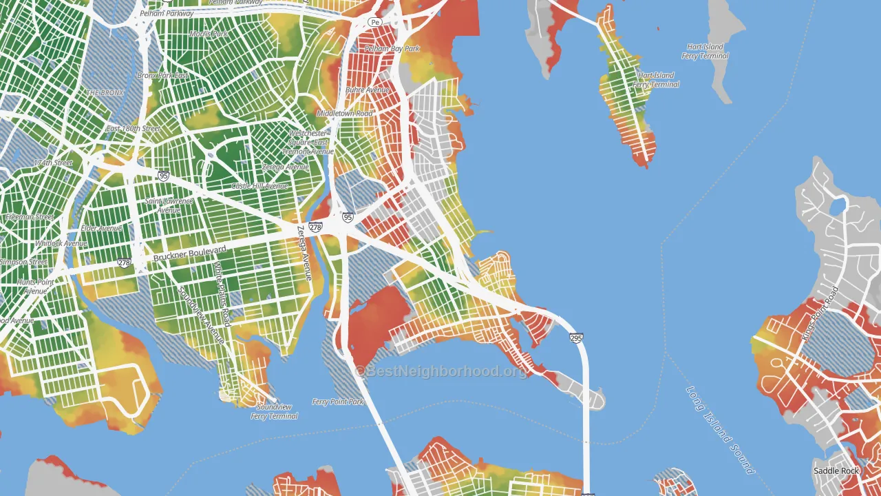 Walk Grade map of 10465, NY, walkable areas in green and car-dependent areas in red