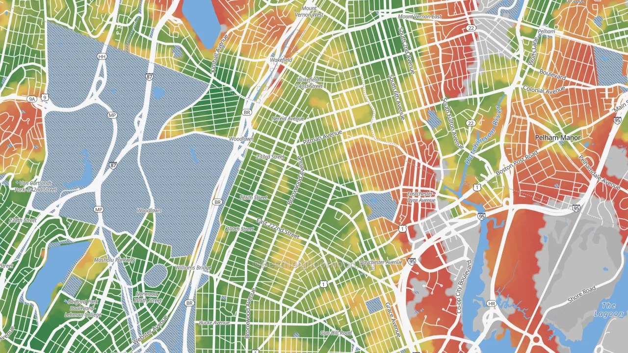 Walk Grade map of 10466, NY, walkable areas in green and car-dependent areas in red