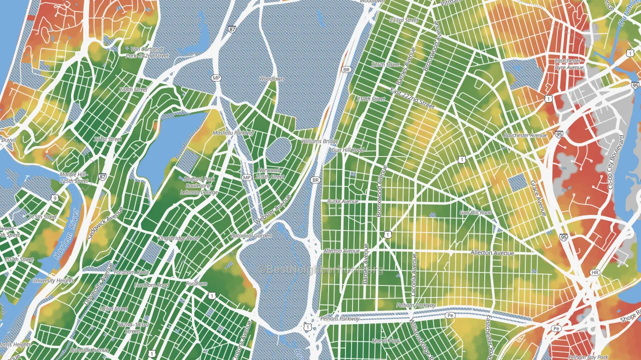 Walk Grade map of 10467, NY, walkable areas in green and car-dependent areas in red