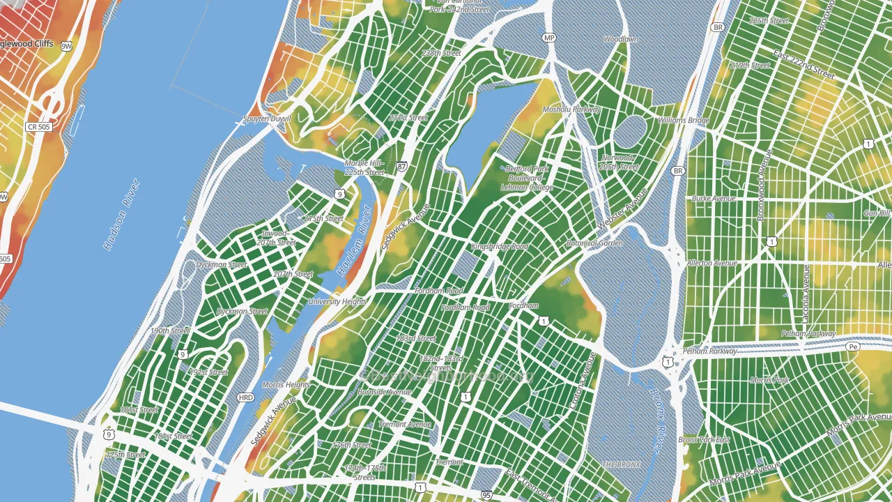 Walk Grade map of 10468, NY, walkable areas in green and car-dependent areas in red