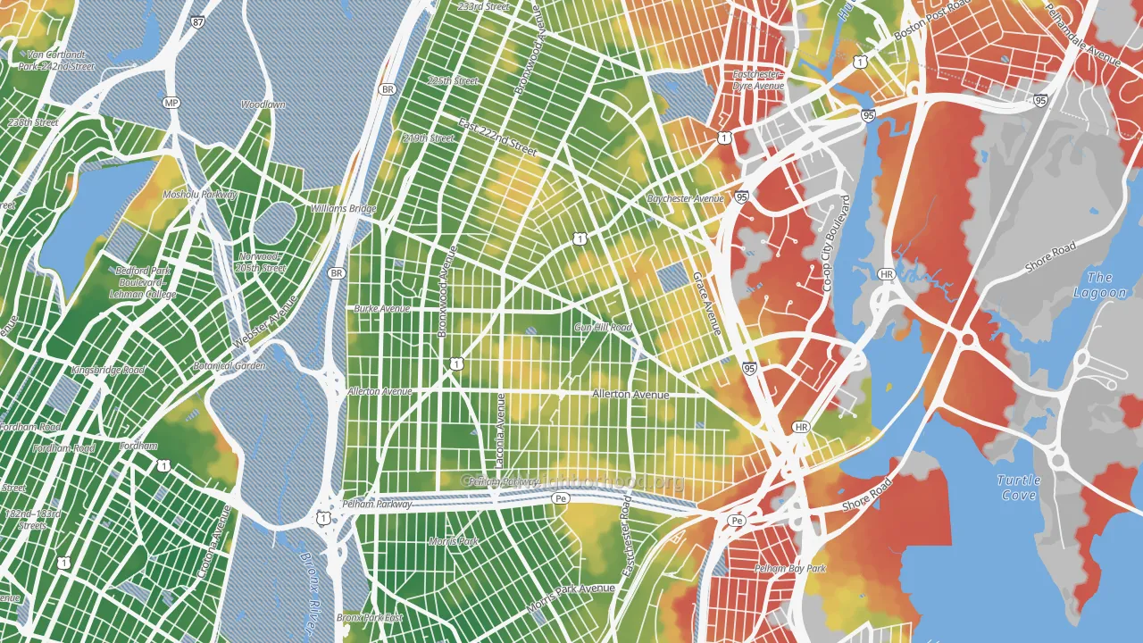 Walk Grade map of 10469, NY, walkable areas in green and car-dependent areas in red