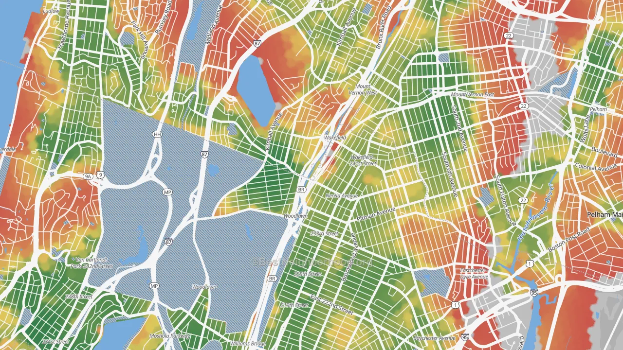 Walk Grade map of 10470, NY, walkable areas in green and car-dependent areas in red