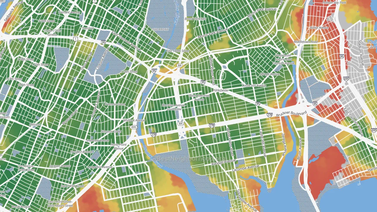 Walk Grade map of 10472, NY, walkable areas in green and car-dependent areas in red