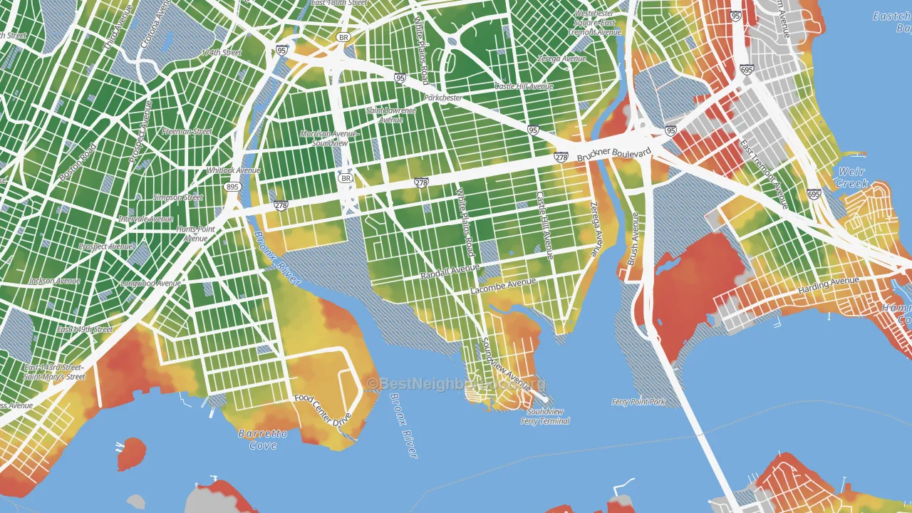 Walk Grade map of 10473, NY, walkable areas in green and car-dependent areas in red