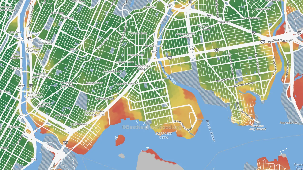 Walk Grade map of 10474, NY, walkable areas in green and car-dependent areas in red